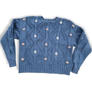 Blue Cotton Embroidered Sweater 80s Vintage S